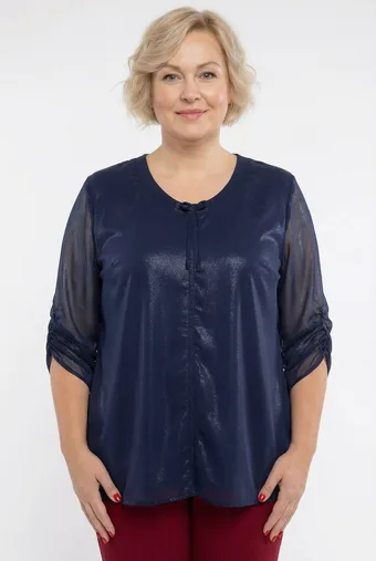 Sötétkék, fényes sifon blúz megkötővel