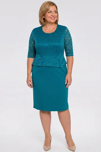 Türkiz peplum ruha csipkeujjakkal